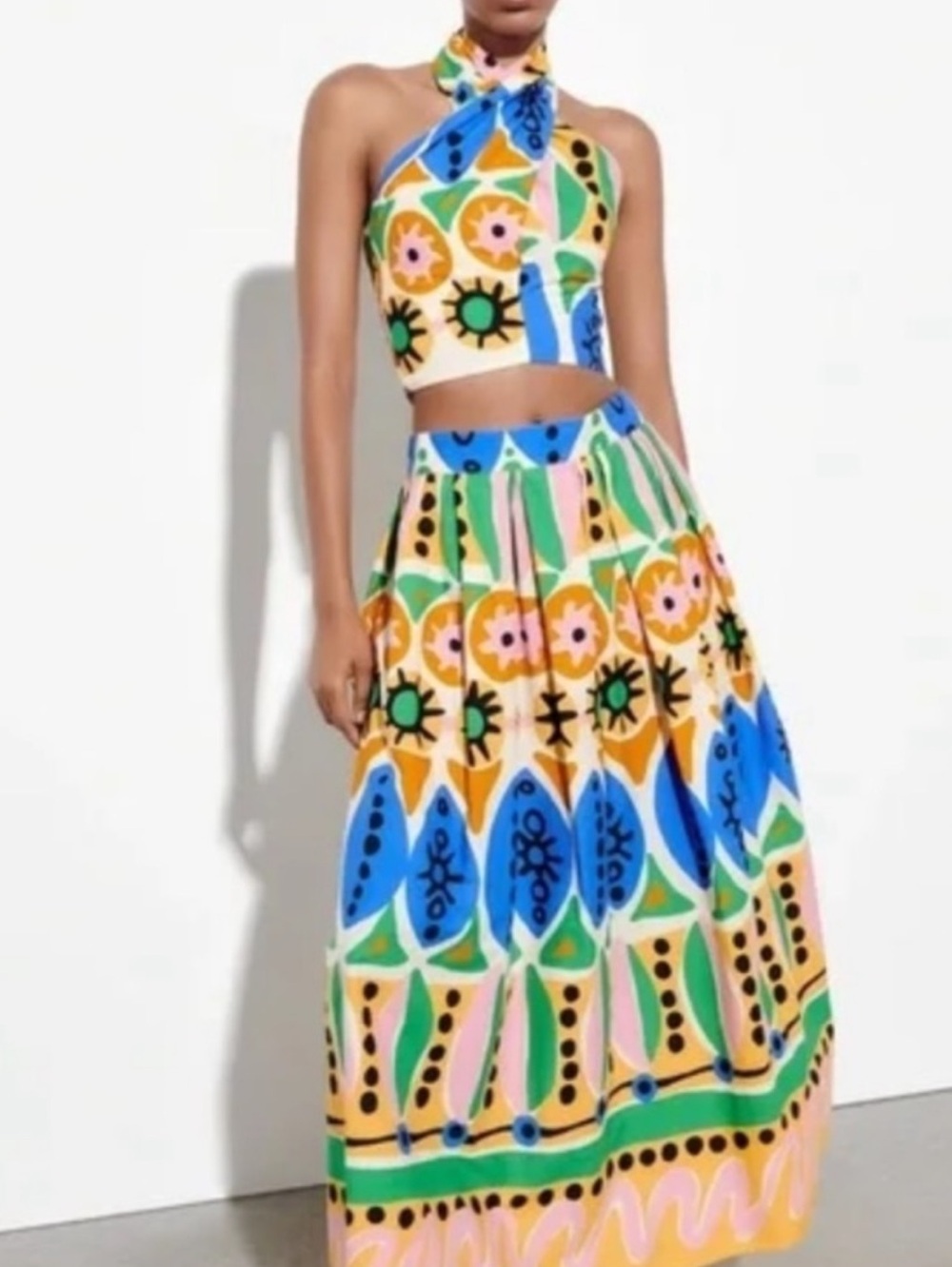 ZARA Colorful Bright Cotton Abstract Batik African Print Pleated Maxi Skirt, EUC